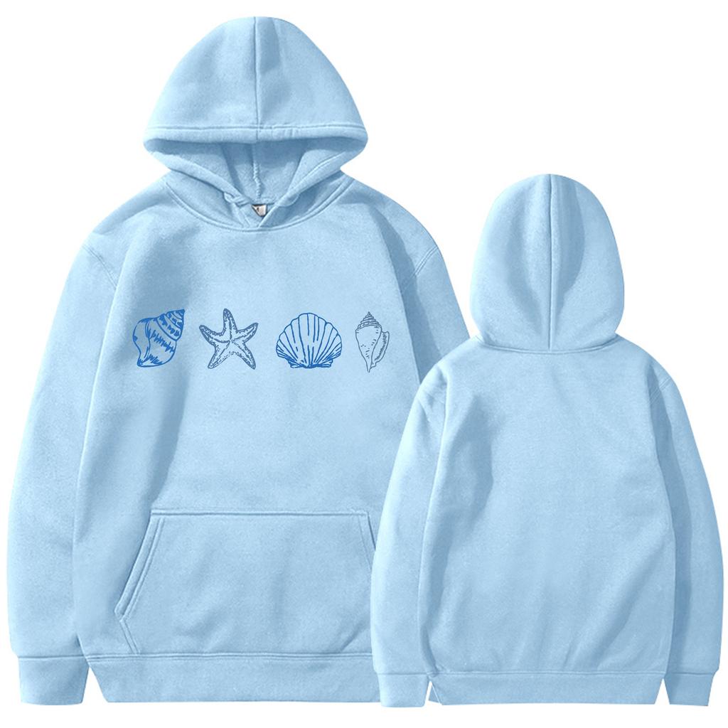 Women's Round Neck Long Sleeve Floral Print Top Hooded Sweatshirt Seashell Hoodie