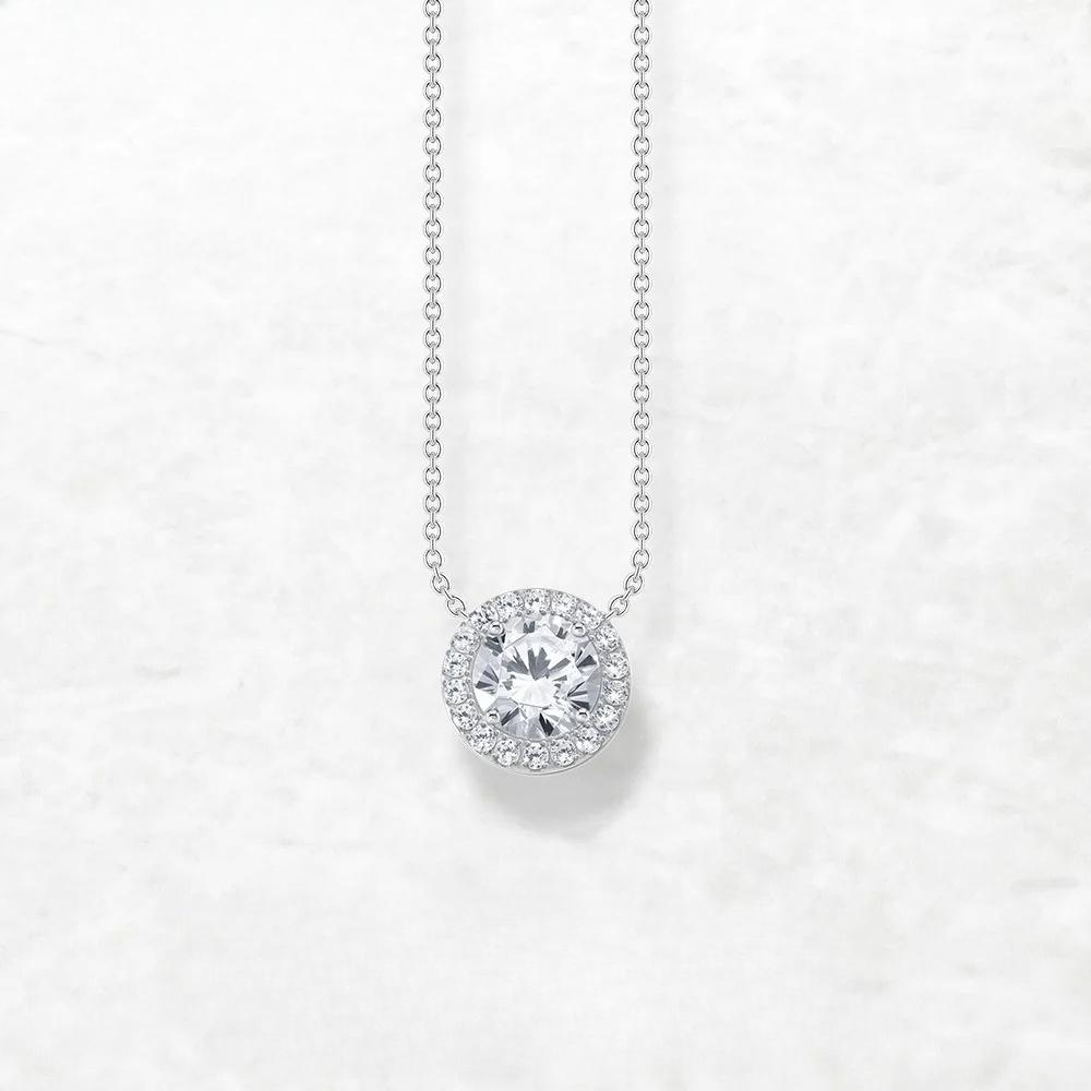 

Halo Pendant Round Zircon Necklace Spring New Link Chain Fine Jewelry Europe 925 Stering Silver Bijoux Classic Gift for Women 45-50cm