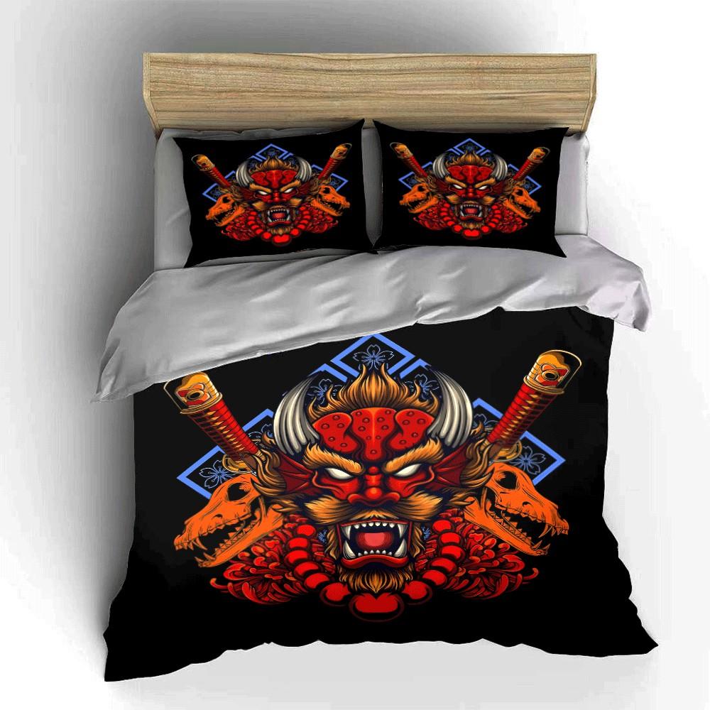 Samurai Demon Skull Design Trio Exquisite Three-Piece Bedding Set Gift For Kids And Adults EU Twin 135X200cm&set