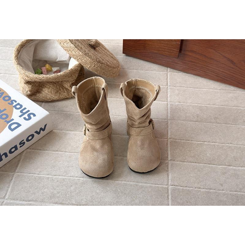 Kids Girls Retro French Style Suede Slouchy Mid Calf Slip On Boots