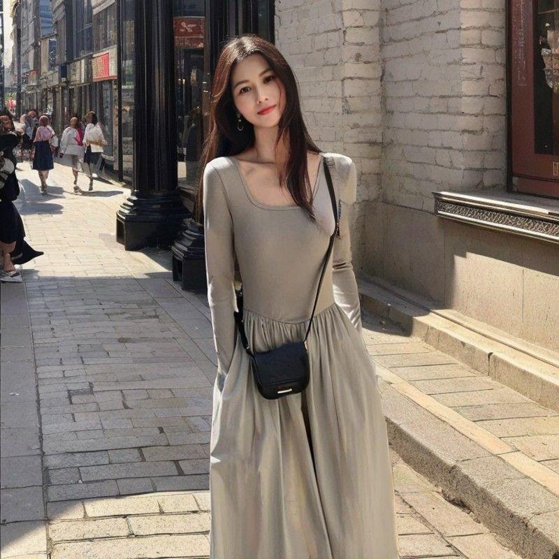 Elegant French A-line Long Dress - Women's Slimming Square Neck with Waist-Cinching Long Sleeves (Spring/Autumn 2025)