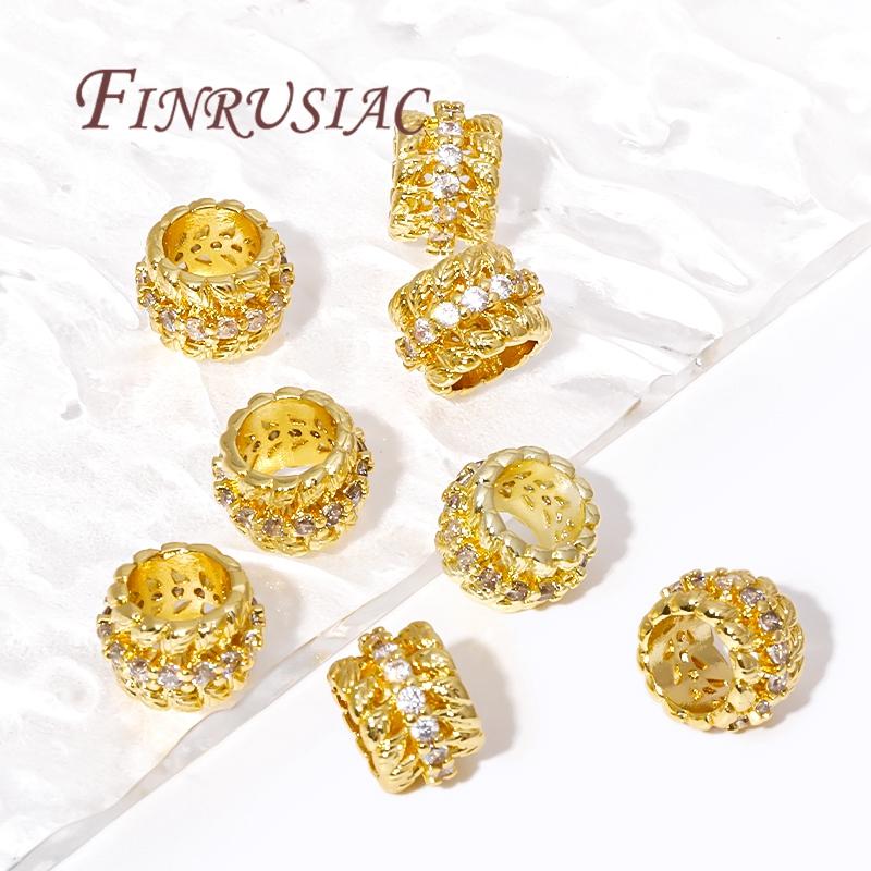 18K Gold Plated Brass Zircon Spacer Beads Accessories For Bracelet,Big Hole Bead,Metal Beads Separators For Jewelry DIY Fittings