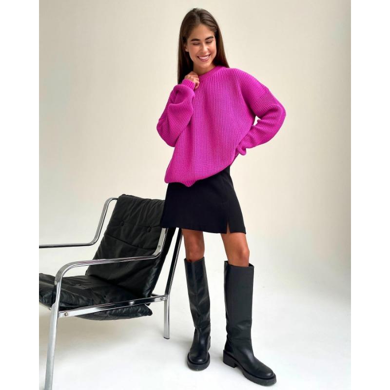 Herbst und Winter Damenpullover Strickpullover Rundhalsausschnitt Lose Einfarbig Langarmpullover