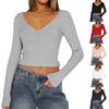Women's Casual Fashion Short Belly- Long-sleeved T-shirt Top Button V-neck Ribbed Inner Long-sleeved Top