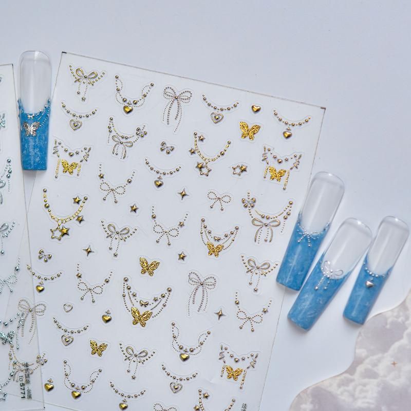 1 Sheet Silver Gold Stamping Nail Art Stickers Bowknot Butterfly Necklace Pattern Easy Apply Decals for Home Salon Manicure