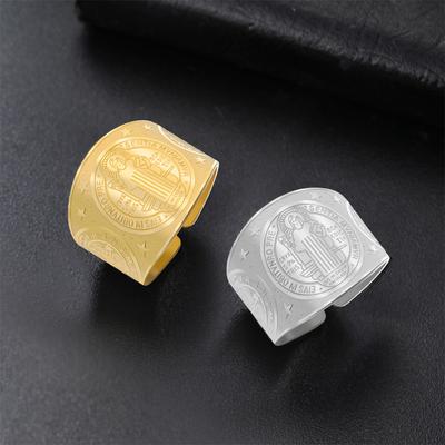 EUEAVAN Saint Benedict Ring Stainless Steel Christian Pray Blessed Adjustable Ring for Men Religious Amulet Jewelry Gift