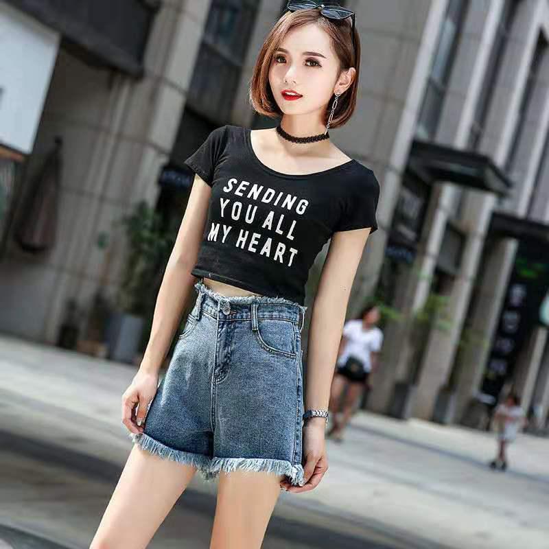 WTEMPO Denim Shorts Female Summer Students Loose High Waist Raw Edge Wide Legs Wild Plus Size Pants
