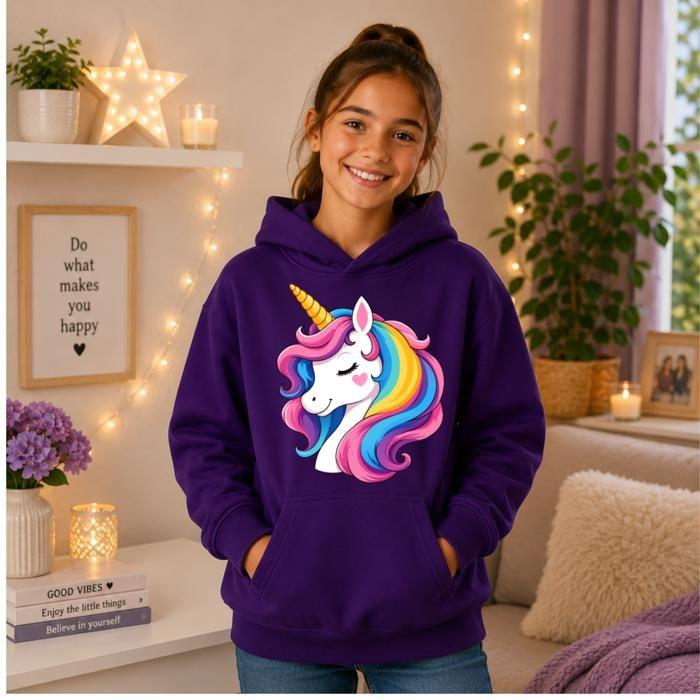 Girl's Hoodie - Rainbow Unicorn Pattern - 3 To 14 Years - Purple