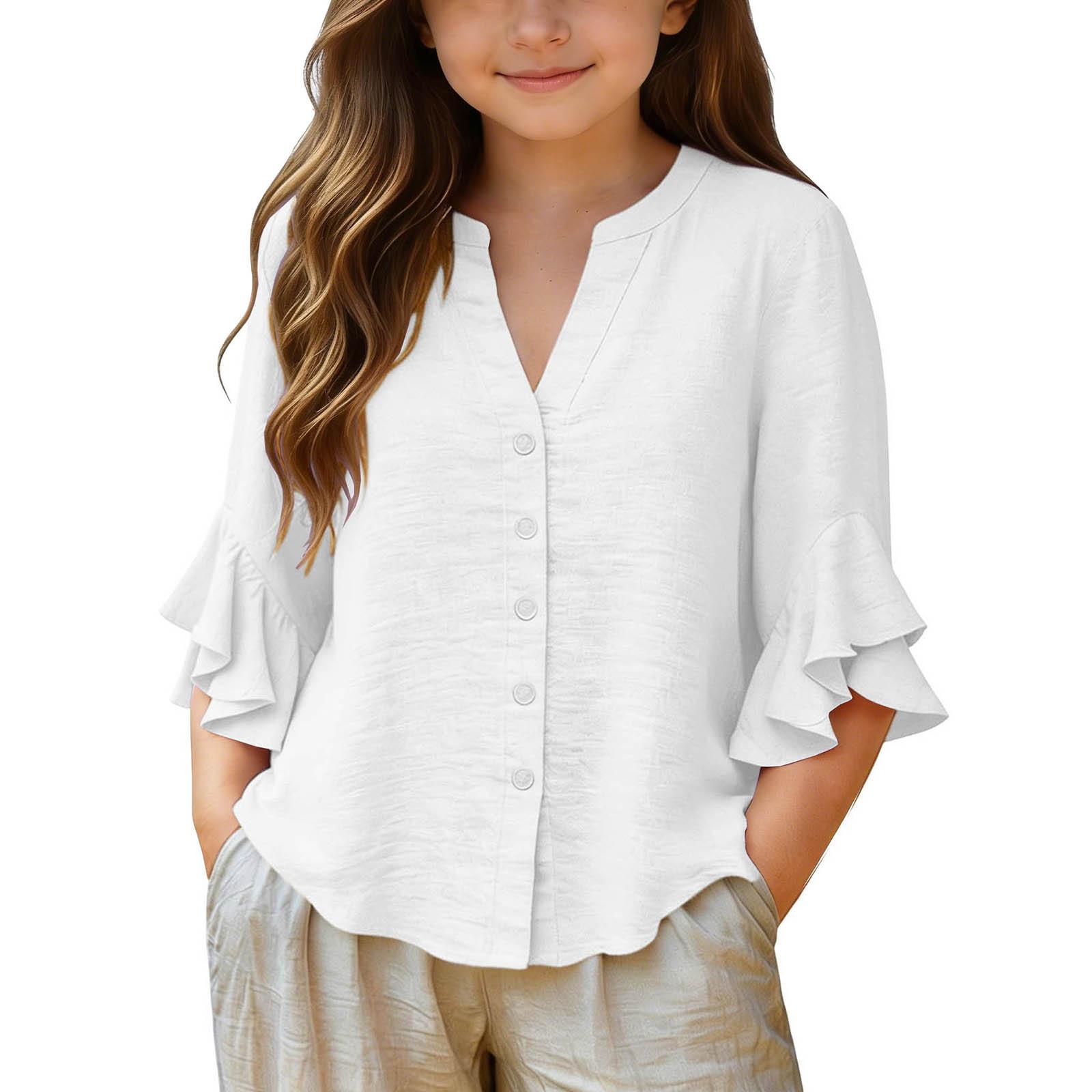

Girls Loose Fit Casual Top Lightweight Button Down Shirt with Ruffle Sleeve Detail Comfortable Summer Blouse for Kids 160