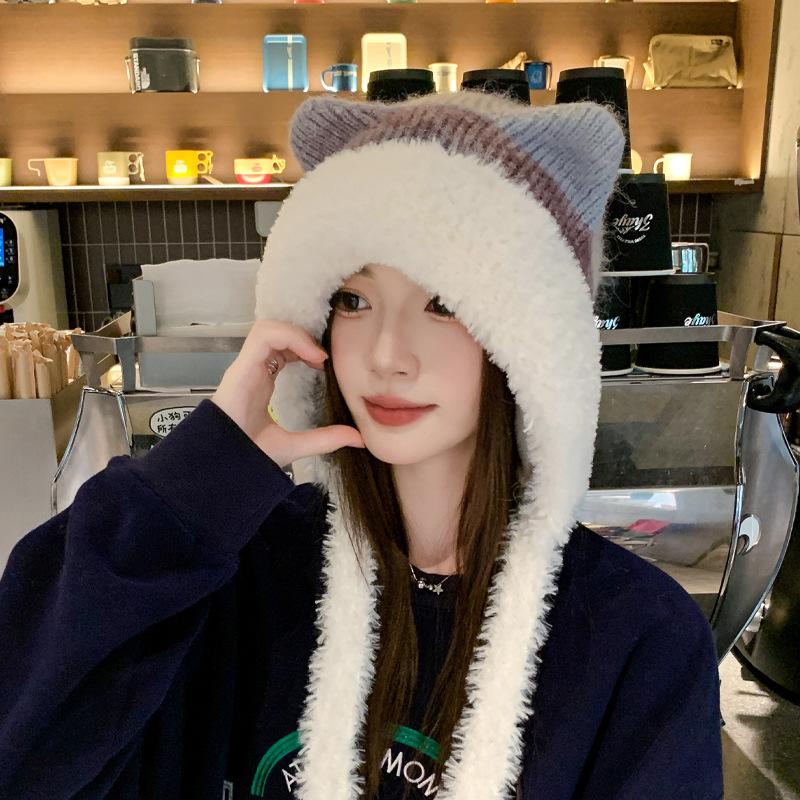 Autumn and Winter Cute Plush Cat Ears Hat Knitted Head Cap Female Students Thickened Warm Lacing Ear Protection Cap