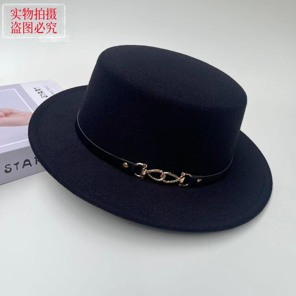 New Belt Buckle Woolen Hat British Retro Autumn and Winter Hat Men's and Women's Trendy Versatile Wide-brimmed Flat Top Top Top Hat