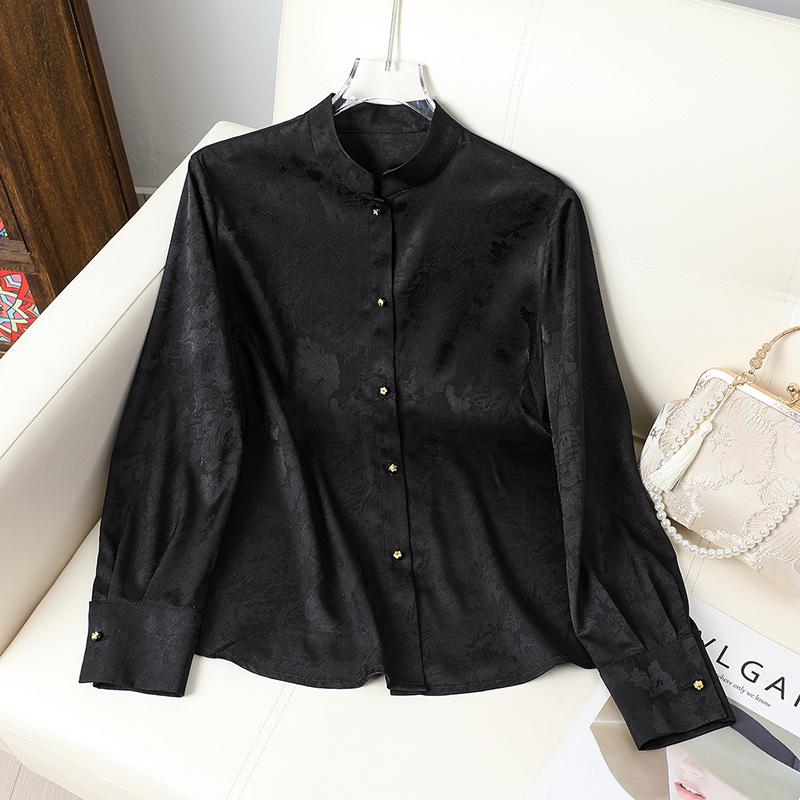 Women's Jacquard High Collar Satin Shirt, Chinese Style Long Sleeve Temperament Top for Spring.