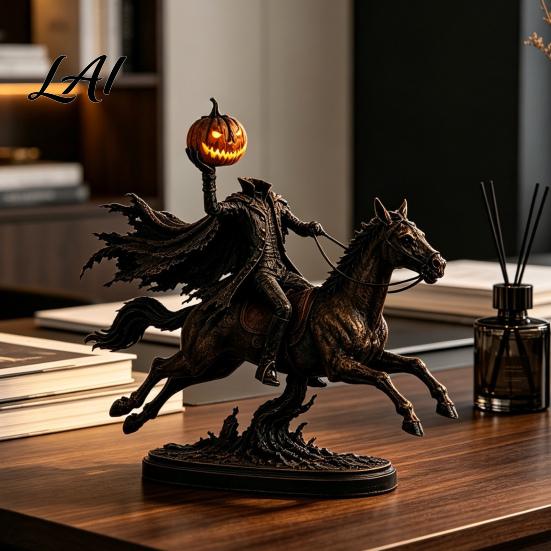 Künstlerische Schreibtischskulpturen Beleuchtete Kopflose Reiterstatue Aufleuchtendes Reitpferd Warme Gotische Wohnkultur Leuchtende LED-Kürbiskopfskulptur für