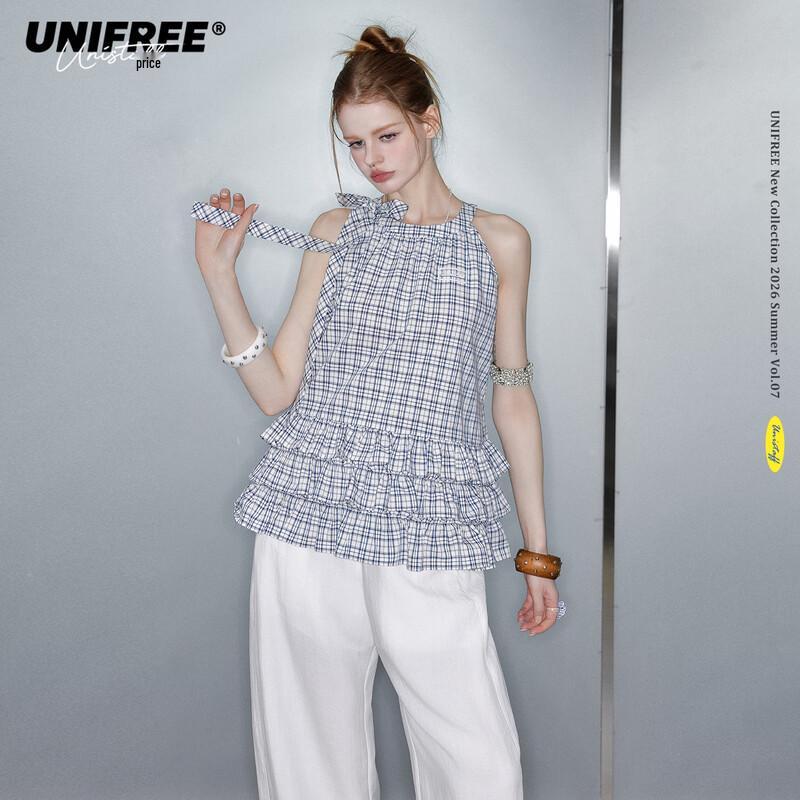 UNIFREE Plus Size American Retro Bow Tie Chiffon Blouse S синий