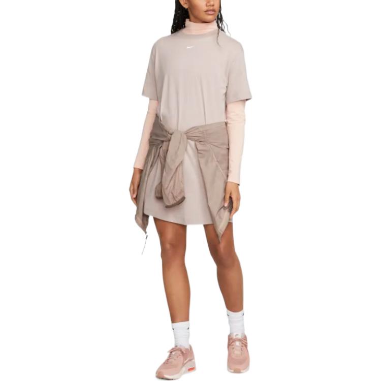 Nike Short Sleeved Dresses Women's Taupe Crew Neck Moderate Mid Length DV7882-272