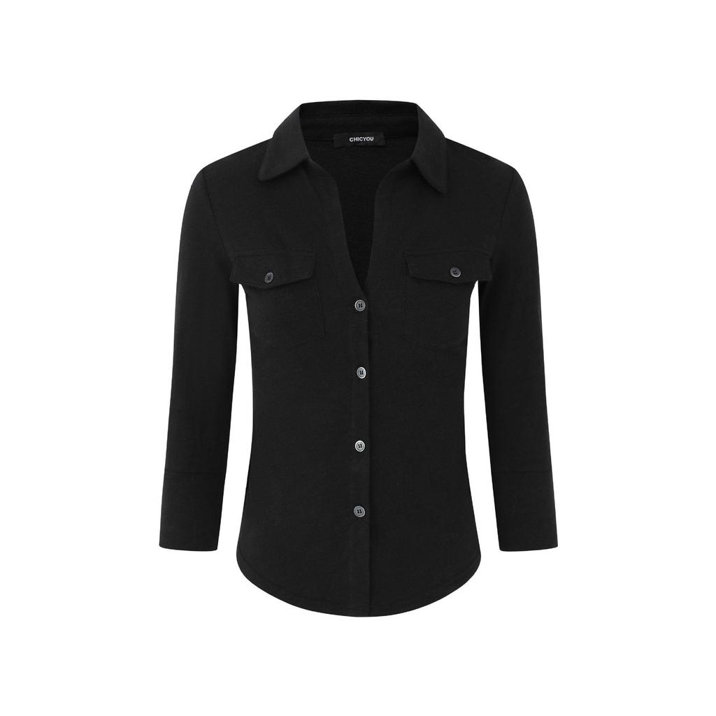 Sexy Hemd im koreanischen Stil mit Revers und langen Ärmeln - 2026 Frühling/Herbst Kurzarm-Top für Damen