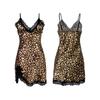 Satin Leopard Print Cami Nightgown Black Lace Deep V High Slit Sexy Slim Fit Loungewear 707 Bold Seductive Sleepwear with Wild Print Charm