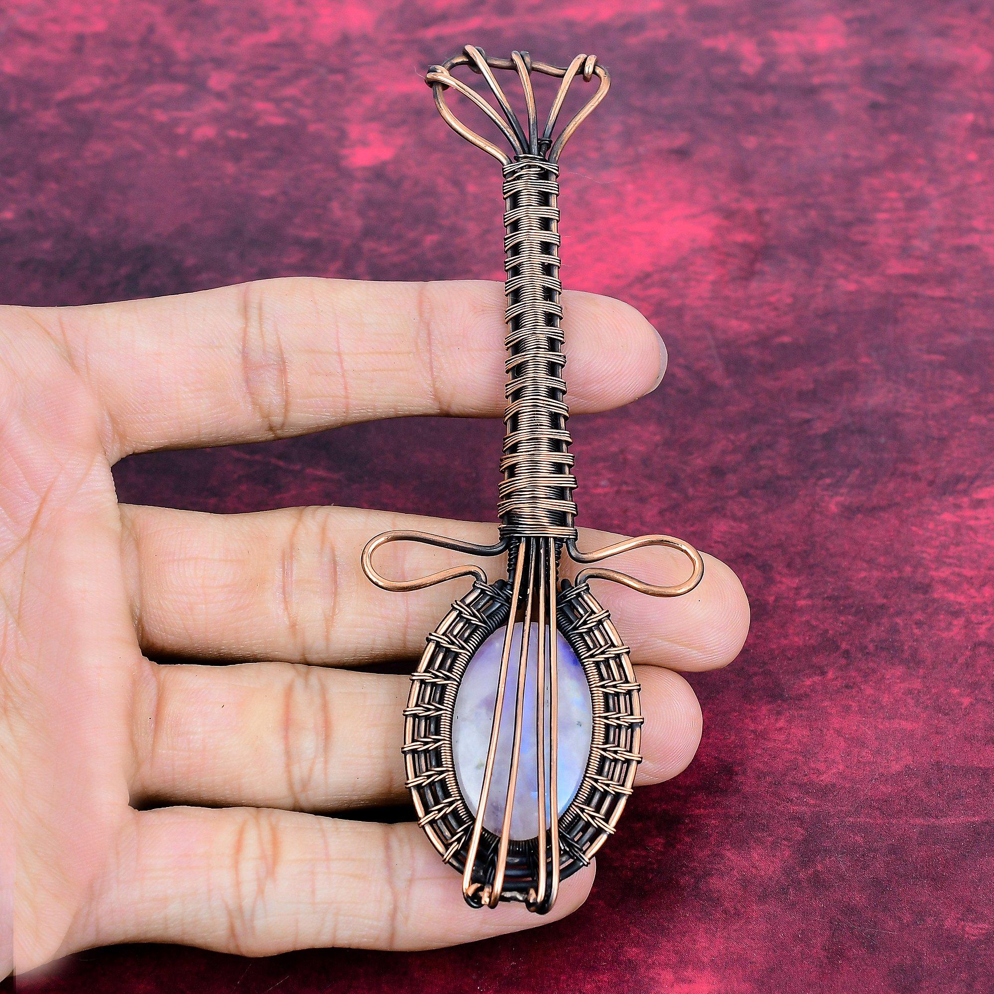 Rainbow Moonstone Pendant Copper Wire Wrapped Gemstone Jewelry Guitar Pendant