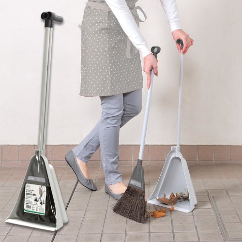 Azuma Industries Chilitore Gray, a freestanding broom and dustpan set for comfortable sweeping. Perfect for entryways and verandas. Black fern, Allen.