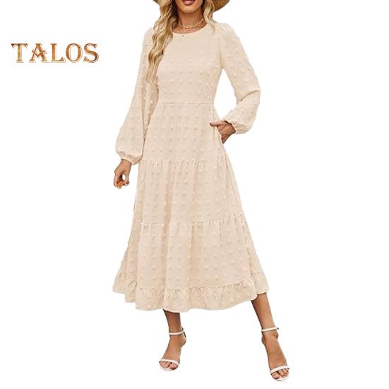 Herbst Winter Damen Kleid Lange Laternenärmel A-Linie Rundhals Großer Saum Punktapplikation Plissiert Einfarbig Dating Pendeln Midikleid