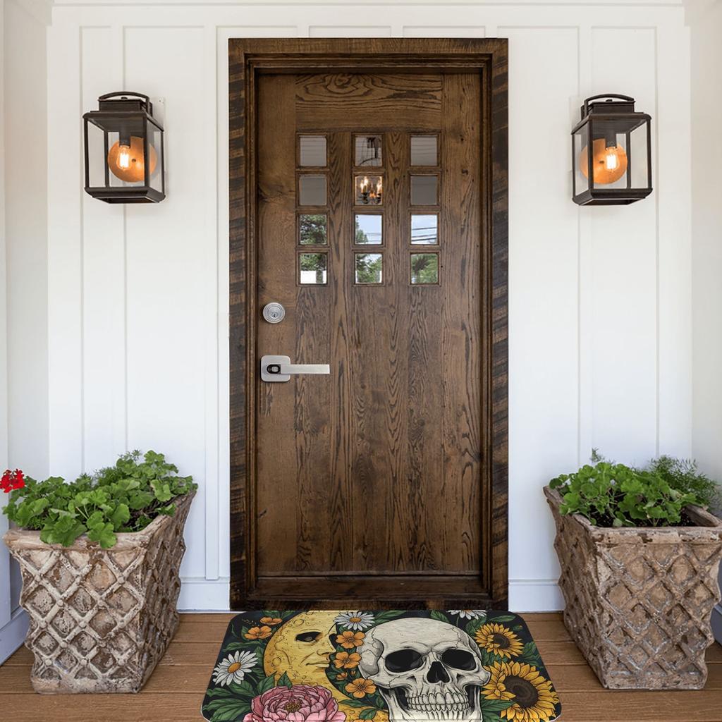 1PC Halloween Skull Flower Kitchen Rug Non-Slip Door Mat Pop Design Bathroom Rug Bath Mat Carpet for Home Sink Laundry Decor