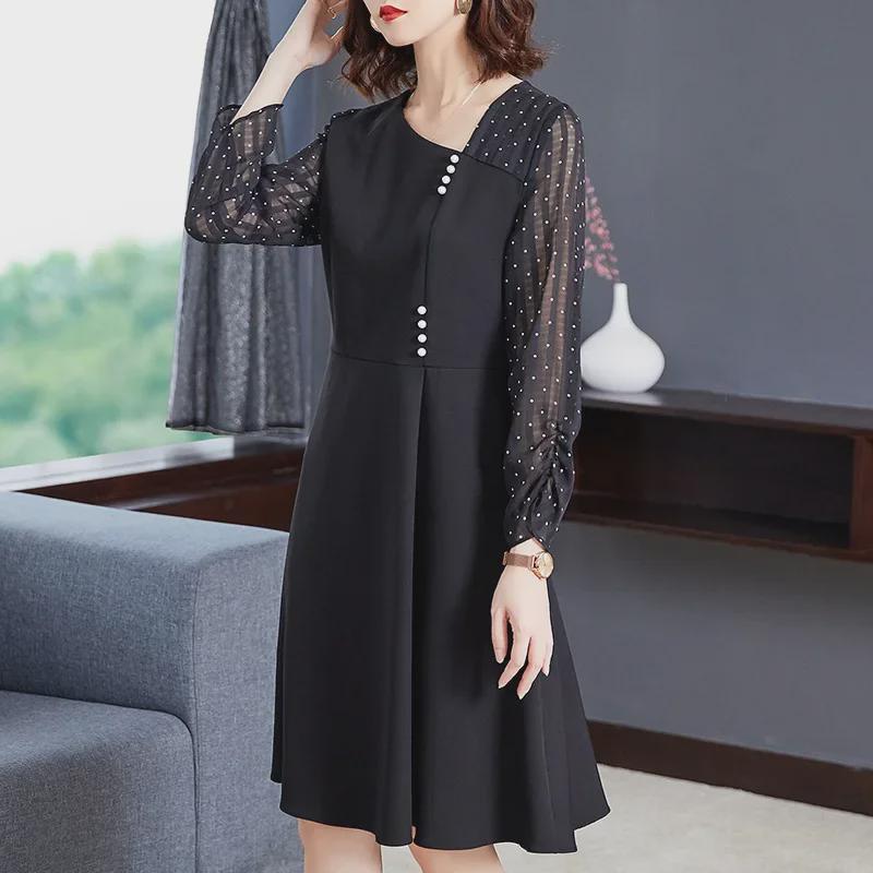 [Clearance] Elegant Spring Dress with Slim Waist, Beaded Polka Dot Long Sleeves - Plus Size