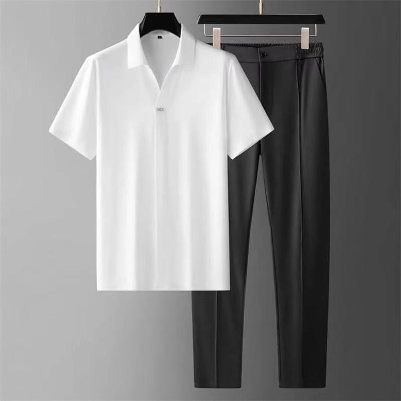 Herren Business Casual Kurzarm Nahtloses Seidenähnliches Zweiteiliges Set
