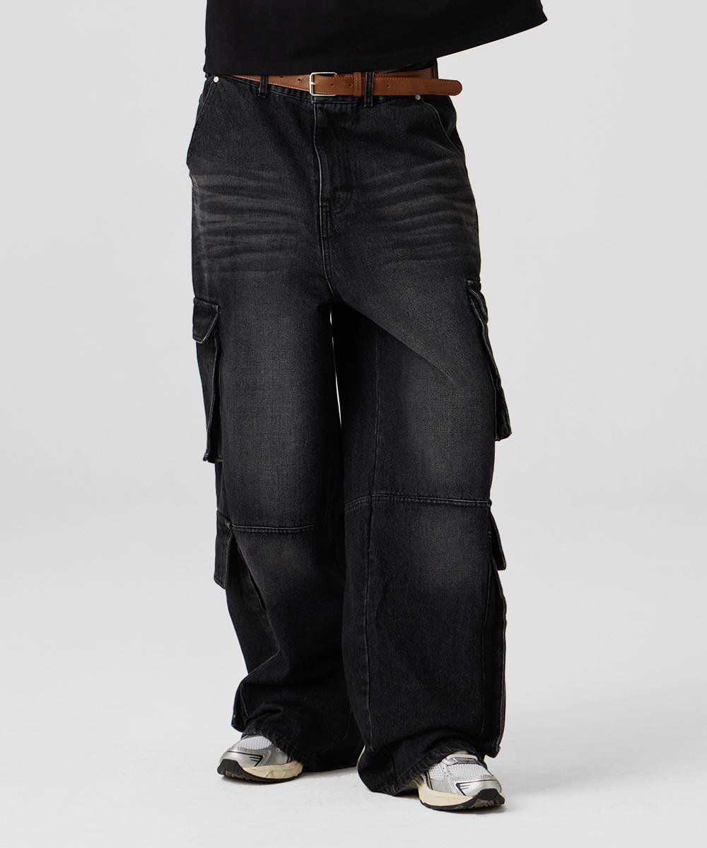 URBANAGE Double Cargo Washed Denim Wide