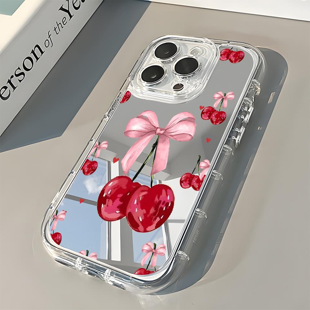 Cute Cherry Bow Pattern Back Mirror Phone Case For iPhone 11 12 13 14 15 16 17 Pro Max X XR XS 7 8 Plus 17 Air Shockproof Cover