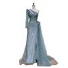 Aqua green single shoulder long sleeve split harpoon tail long dress light luxury temperament celebrity banquet host dress LA11011