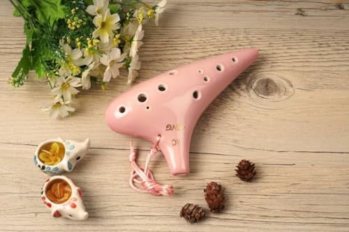 TNG Ocarina, Single [12-Hole / Alto / Pink], Premium C Key (AC) with Fingering Chart, Glazed Finish, for Wind Instruments