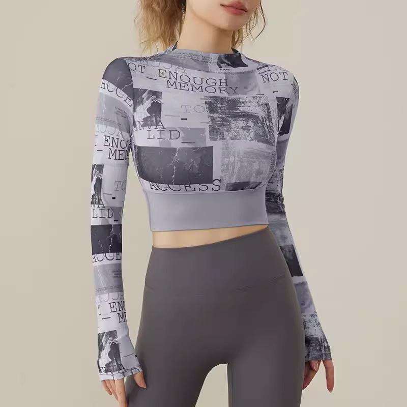 High-Value Mesh Yoga Suit with Chest Pads for Women – Two-Piece Fitness Top for Autumn/Winter Running and Training