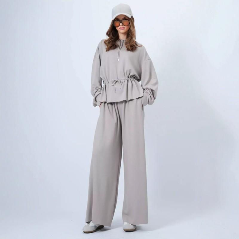Womens 2026 Fall Casual 2-Piece Set Loose Hoodie Wide-Leg Pants With Drawstring Pure Color Streetwear Outfit