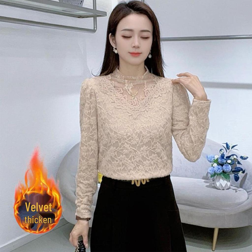 Elegant French-Style Velvet Lace Base Layer: Women's Winter Slimming Warm Top