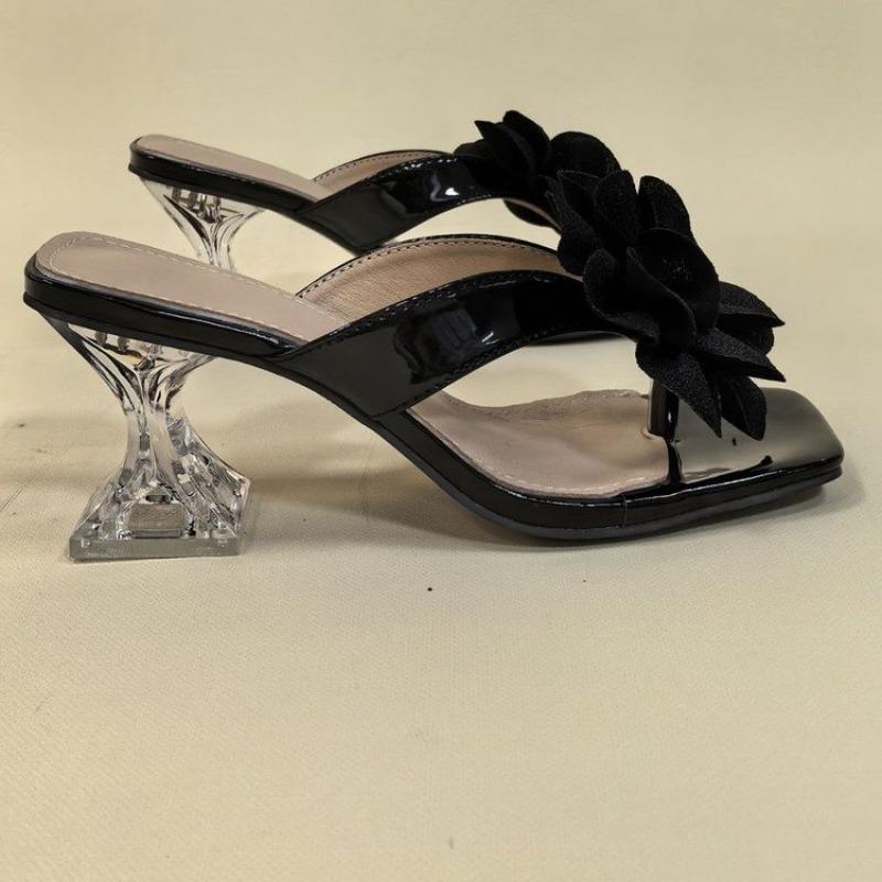 Fashion Women's Flower Clip Toe Square Open-heeled Sandals Summer New Anti-slip Wear-resistant High-heeled Flip-flops