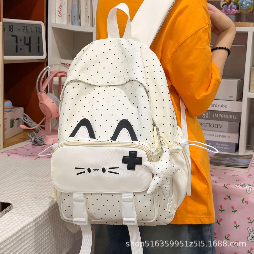 Schoolbag Korean version cute cat backpack large capacity junior high school high school student schoolbag girl campus wind polka dot backpack