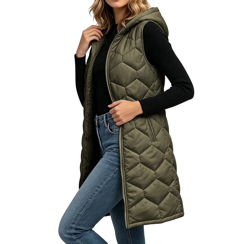 Women's Casual Long Hooded Sleeveless Padded Vest
