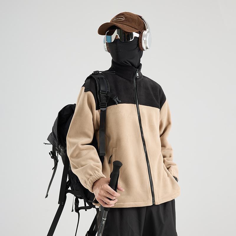 Autumn and Winter Graphene Heating Warm Fleece Jacket with Spliced Men's Stand Up Collar Jacket, Casual Windproof and Warm Jacket