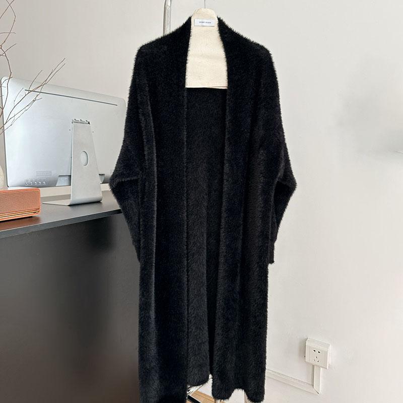 Women's Long Knitted Cardigan Jacket Autumn Winter Loose Faux Mink Fleece Knit Sweater Coat Solid Fleece Open Front Cardigan Coat