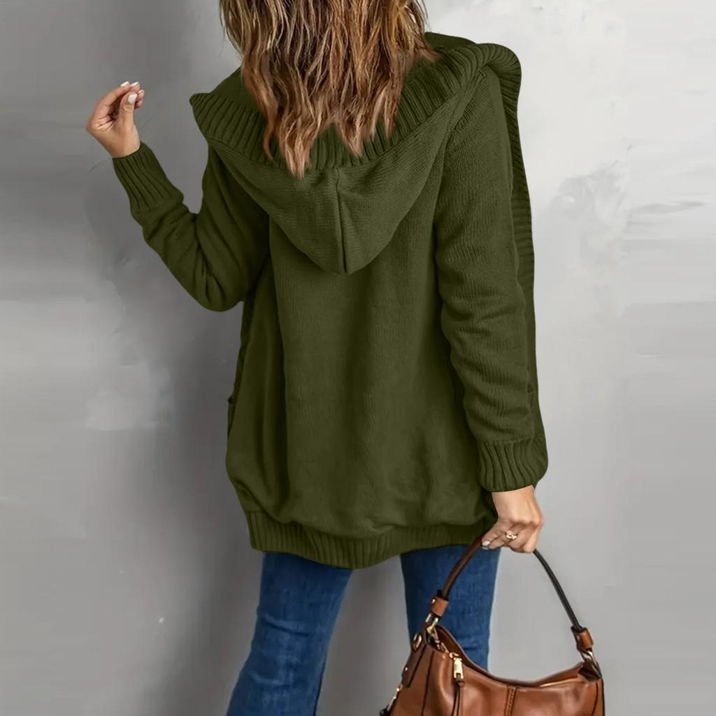 Women's Solid Color Long Sleeved Casual Pocket Knitted Sweater Cardigan Jacket