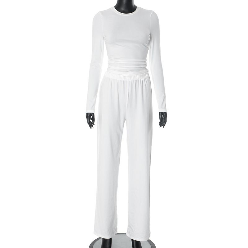 Suit European and American Leisure Women clothes New Solid Basic Comfortable Long sleeve Top Wide Leg Pants Two-piece Suit Women