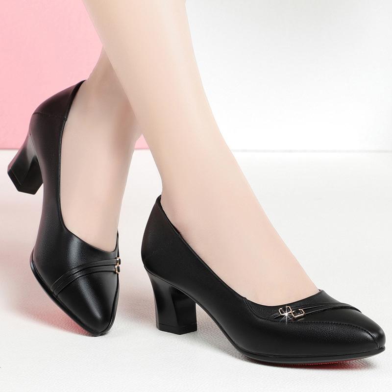 Women Fashion Comfort High Quality Black Soft Leather Spring Slip on Shallow Mouth Square Heel Cool Autumn Single Shoes