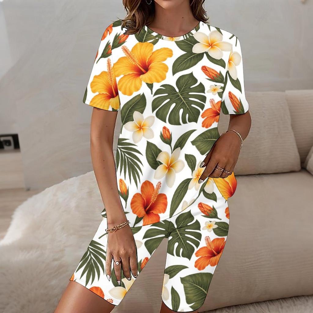 Women Plus Size Round Neck Short Sleeve Tropical Floral Printed Two Piece Shorts Set