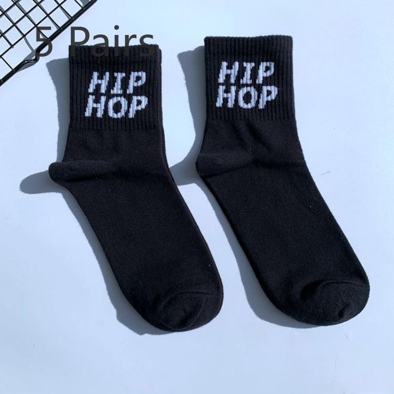 5 Pairs Socks Black and White Men's and Women's Mid-calf Hip Hop Personality Short College Style Skateboarding Socks