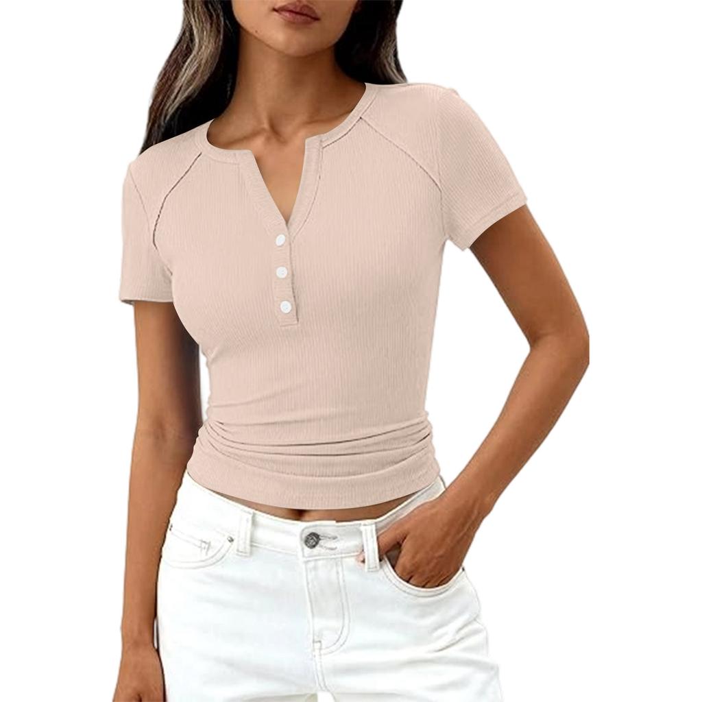Damenmode Lässig Farbe Neu Kurzarm Dekorative Knöpfe V-Ausschnitt T-Shirt Top