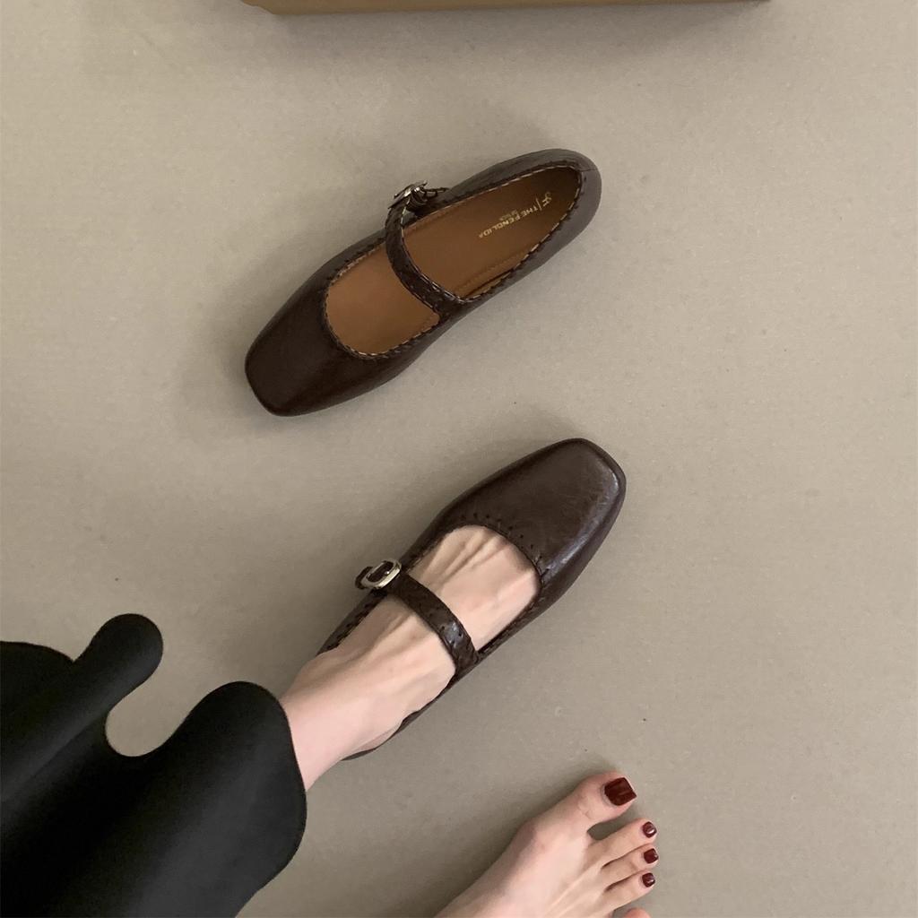 FengLiDa Inner Height Increase Mary Jane Single Shoes Women's 2025 Autumn Retro Square Head Shallow Mouth One-word Buckle Small Leather Shoes