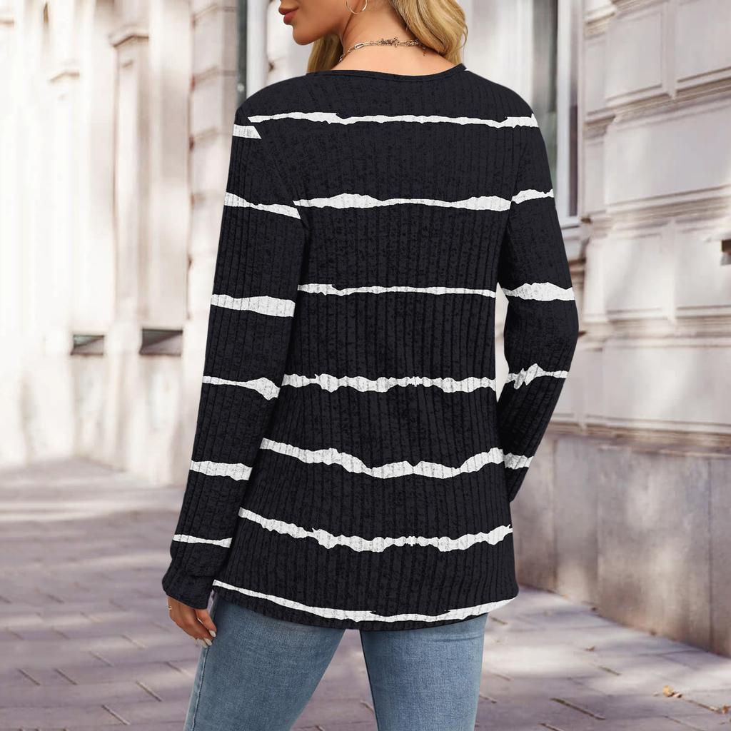 Women's Fashion V-Neck Button-Up T-Shirt With Patchwork Print Long-Sleeved Top