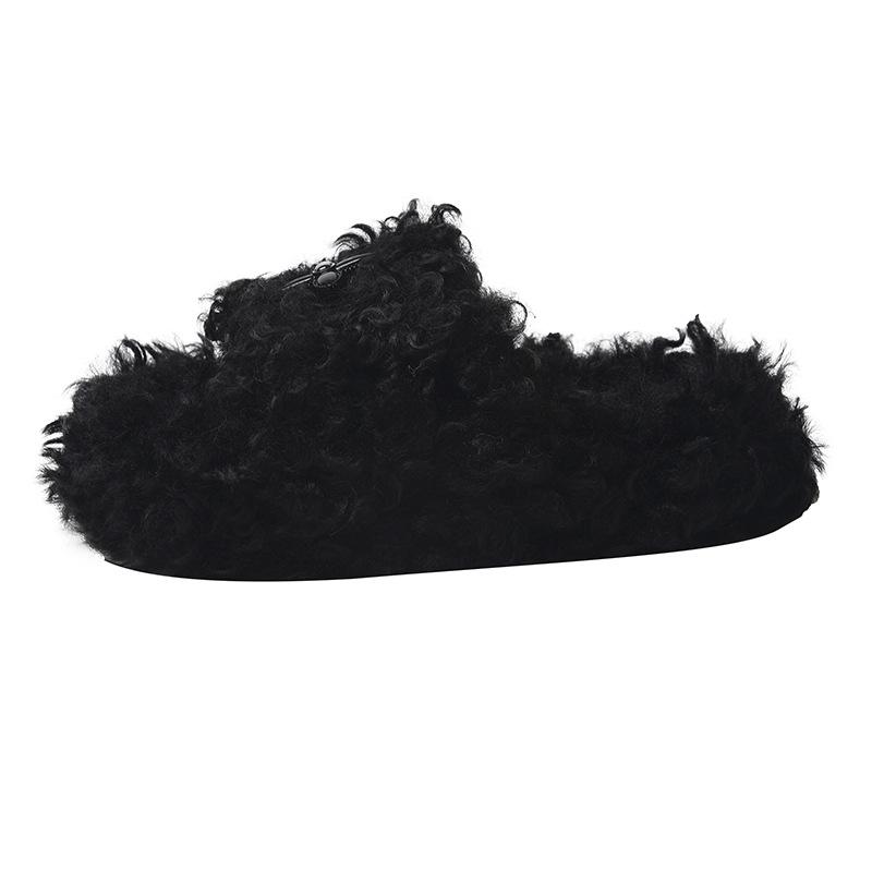 

Корейская версия пушистых тапочек с перекрещенными ремешками, женские 2025 осень и зима, новая модная модель с открытым носком, на толстой подошве, на плоской подошве, хлопковые тапочки для женщин 35 чёрный