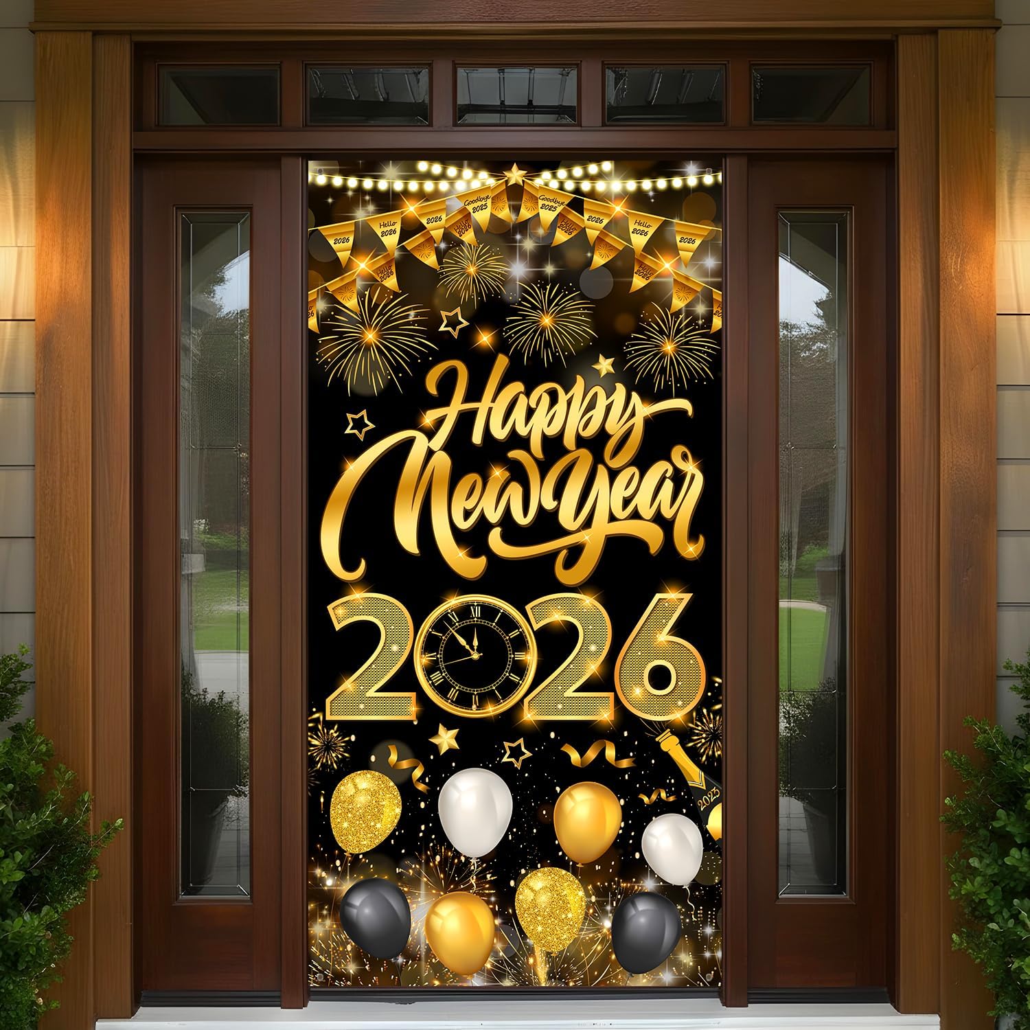 6x2.9Ft Happy New Year Door Cover, New Years Door Decorations 2026, New Years Decorations 2026, Black Gold Happy New Year Banner 2026 tineit