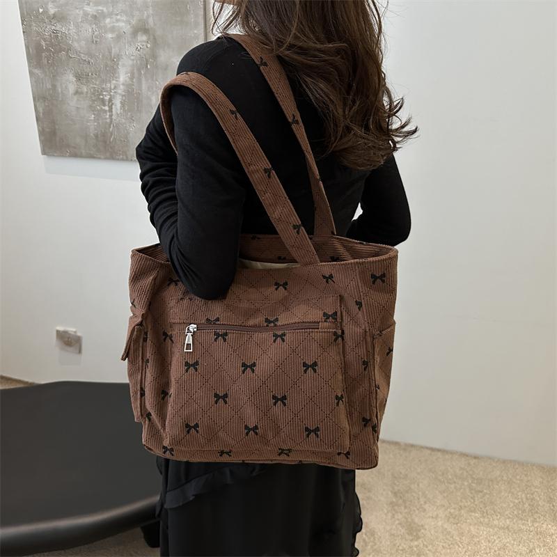 Bow Pattern Commuting Bag Corduroy Handbag Large Capacity Women Tote Bag Multi-pockets Fashion Shoulder Bag Casual Underarm Bags